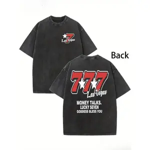 Men Fashion Round Neck Vintage Washed T-Shirt with Las Vegas 777 Money Talks Lucky Seven Goddess Bless You Print Perfect for Travel Fashion Lovers Retro Style Comfort Fit Suitable for All Seasons Casual And Comfortable Wear