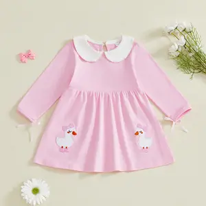 Toddler Girl Dress Long Sleeve Doll Collar Goose Embroidery A-line Dress Holiday Outfit