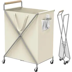 Foldable Laundry Basket with Wheels, 2-Section Rolling Laundry Hamper, 37 Gallons (140L), Removable Liner, Frame with Wooden Handle, Cream White