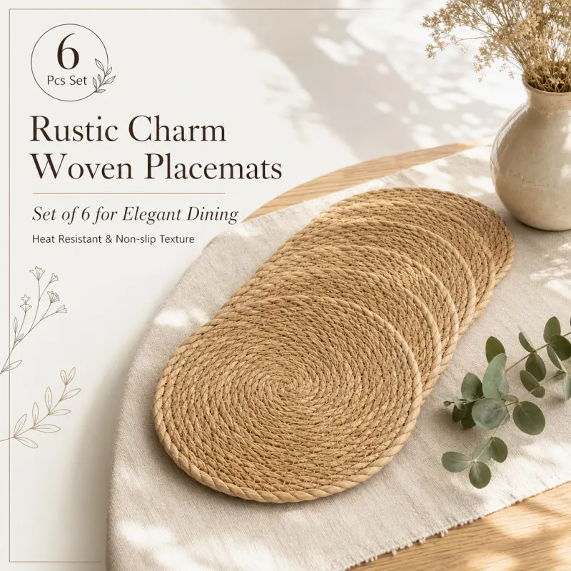 6PCS Round Woven Placemats, Rustic Heat Resistant Non-Slip Table Mats, Natural Straw Braided Placemat Set