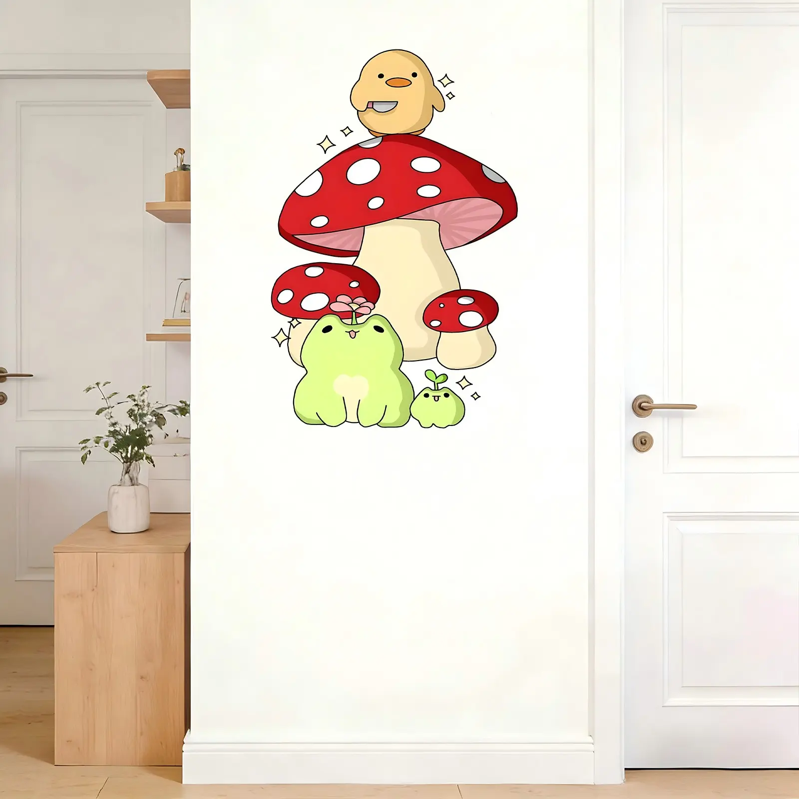 Cute Frog Mushroom Chicken Wall Sticker, Modern Bohemian Style Decor for Living Room Bedroom Dorm Apartment Home
