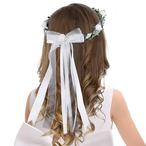 1pc Bridal Headpiece Comb with White Flower Pearl Spaghetti Ribbon - Organza Hair Accessory Featuring Pearl, Flowers & Bows for Weddings, Communions, Formal Events, Wedding Accessories, Communion Headwear, Intricate Bow Design