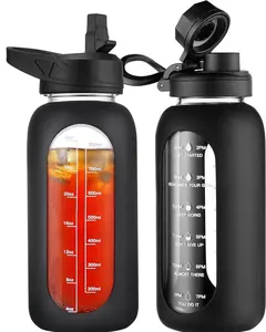 32 oz Large Capacity Glass Water Bottle with Straw, Handle, Time Marker, 2 Lids, Silicone Sleeve, Hydration Tracker for Gym, Outdoor Use
