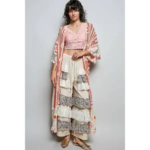 3/4 Sleeve Striped Floral Pattern Crochet Open Cardigan