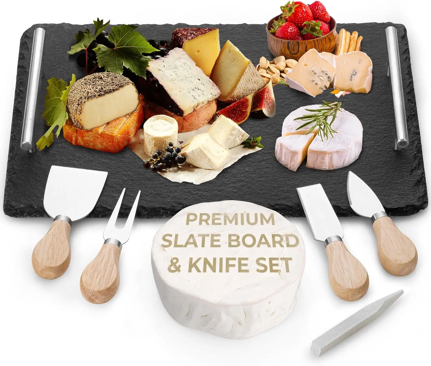 Yes4Quality Slate Cheese Board Set 14x10 in - Natural Stone Serving Tray with Stainless Steel Handles, 3 Cheese Knives, 1 Fork, 2 Soapstone Chalks, Scratch-Free Dinner Set Complement for Home Entertaining, Scratch-Free Dinner Sets