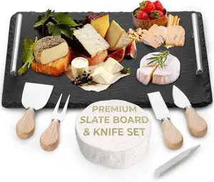 Yes4Quality Slate Cheese Board Set 14x10 in - Natural Stone Serving Tray with Stainless Steel Handles, 3 Cheese Knives, 1 Fork, 2 Soapstone Chalks, Scratch-Free Dinner Set Complement for Home Entertaining, Scratch-Free Dinner Sets