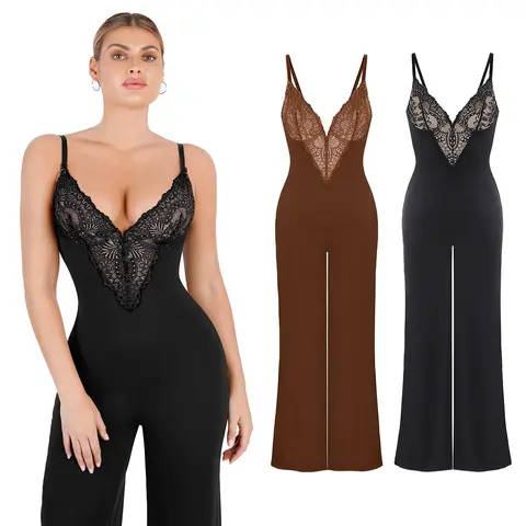 Popilush Women's Fitted Sleeveless Spaghetti Strap Lace Wide-Leg Bodysuit Jumpsuit - 4-Way Stretch Moves With You, Tummy-Trim Mesh, Basic Comfortable Womenswear