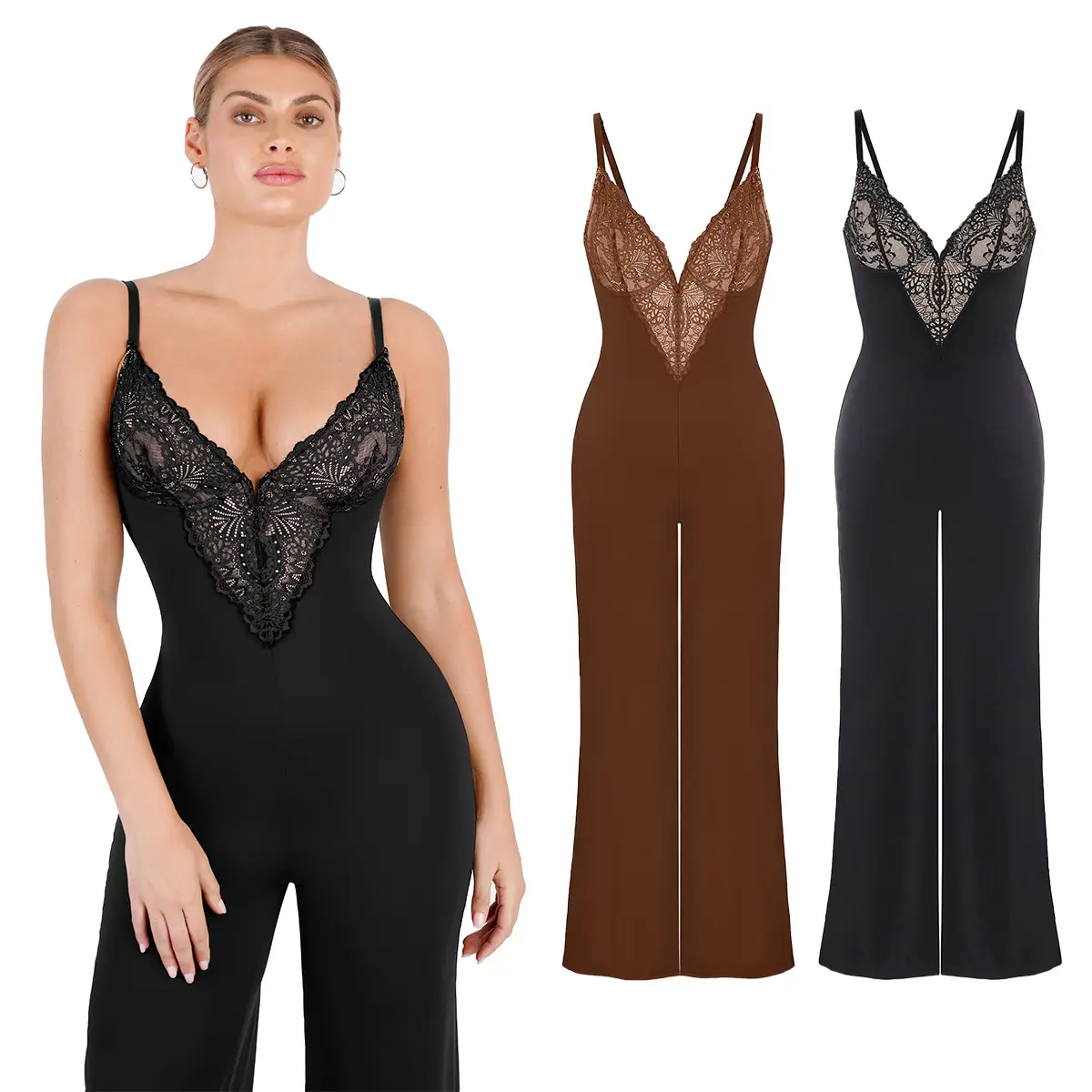 Popilush The Shapewear Jumpsuit Lace Wide-Leg Shapewear Slip Jumpsuits Basic Womenswear Comfort