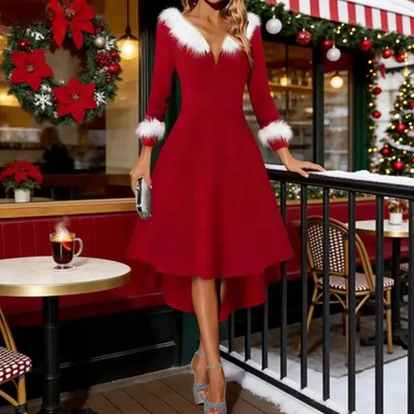2025 Autumn & Winter Christmas Women’s Long-Sleeve Faux Fur High-Low Flared Hepburn-Style Dress