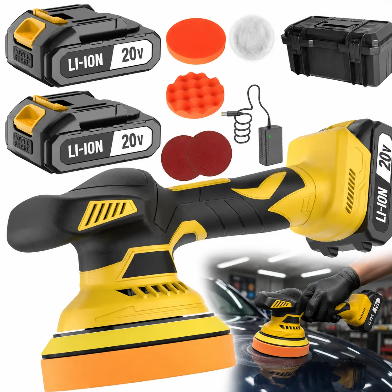 20V Cordless Car Polisher Kit with 2 Batteries, Foam and Wool Pads, Sanding Discs, Charger and Carrying Case, Handheld Auto Buffer for Car Detailing, Waxing and Polishing