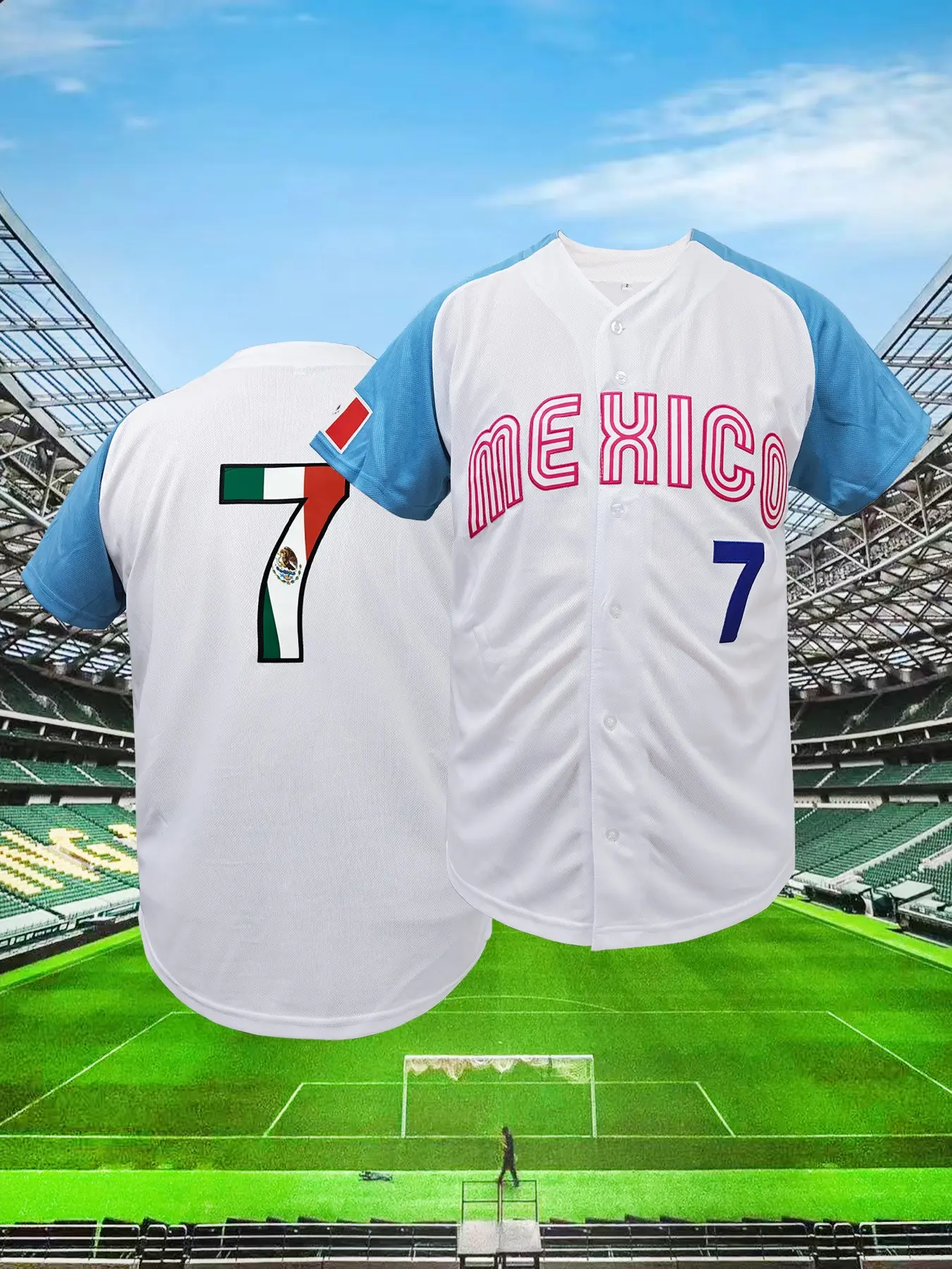 Men's Colorblock Letter Embroidery Baseball Jersey, Stylish Jersey, MEXICO Style, Casual Breathable Short Sleeve Button Front Baseball Top for Training & Competition, Sportswear for Men Women, Athletic Tops