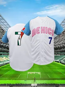 Men's Colorblock Letter Embroidery Baseball Jersey, Stylish Jersey, MEXICO Style, Casual Breathable Short Sleeve Button Front Baseball Top for Training & Competition, Sportswear for Men Women