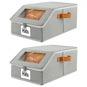 Upgraded 2-Pack Baseball Cap Organizer - Premium Faux Leather Handle - Oxford Fabric Cap Storage Box with Clear Lid, Drawer & Flip Cover, Space-Saving for Closets, Breathable Material & Sturdy Structure