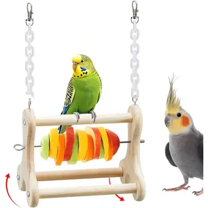 Bird Feeder Holder, Parrot Hanging Fruit Vegetable Feeding Toy, Wooden Parakeet Cage Accessories Foraging Toy, Stainless Steel Skewer Bird Food Holder, Birds Cage Perch Toys for Cockatiel Conure