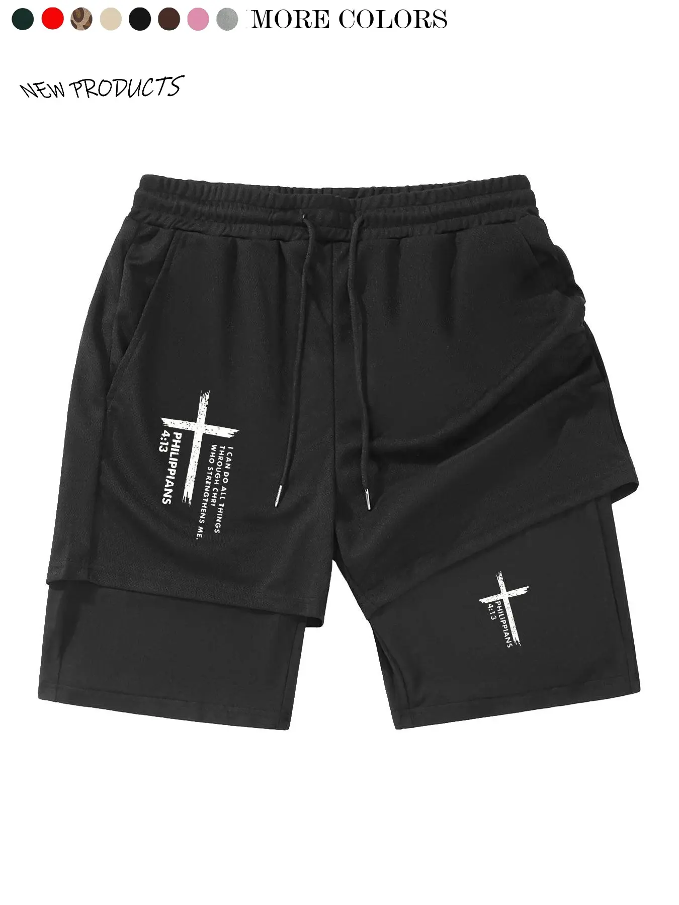 Teen Boys Cross Print Drawstring Waist Mesh Shorts, Dual Layer Multi-Functional Casual Wear, Spring Summer, Perfect Gift, Breathable Printed Shorts, Casual Comfy Shorts, Drawstring Waistband Shorts, Drawstrings Shorts