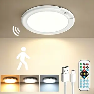 Rechargeable Ceiling Light 2-Pack, 3 Color Modes, Motion Sensor with Remote, Wireless Battery-Operated Magnetic LED Lights for Shower, Closet, Pantry, Shed, Hallway, Porch, Garage fathersdaygift