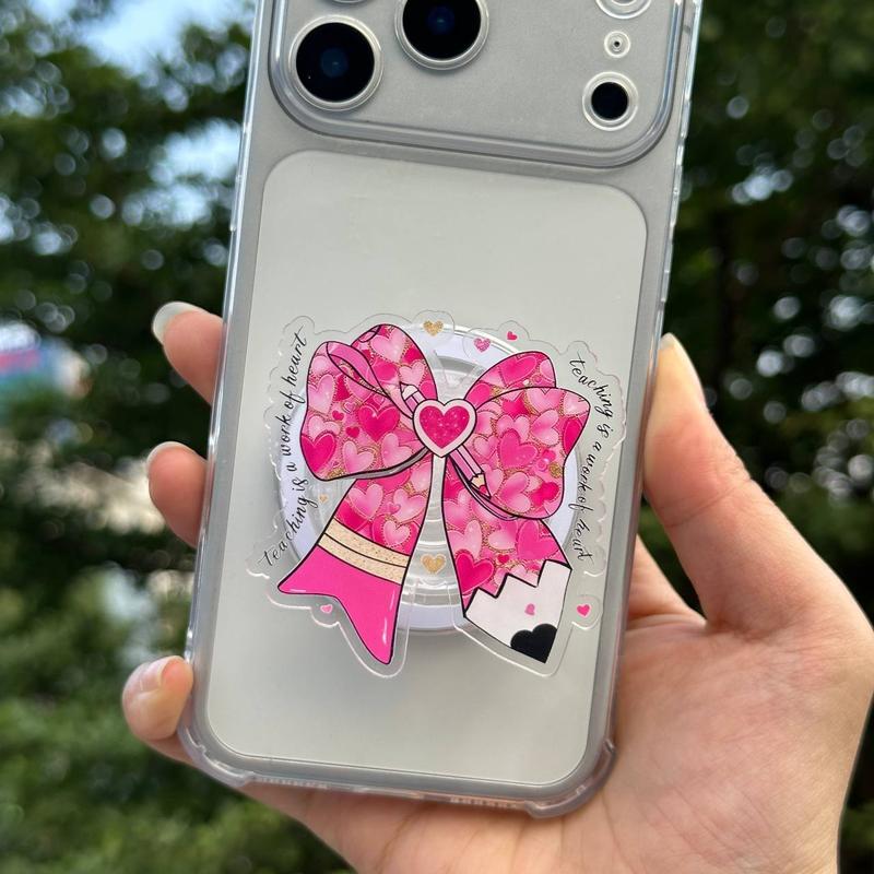 Pink Heart Bow Teacher Phone Grip – Teaching Is a Work of Heart – Cute Teacher Pop Socket