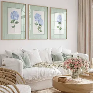 Green Hydrangea Print, Set of 3 blue hydrangeas, Stripes Coastal Decor, Nursery Grand millennial Wall Art| Frameless Poster P