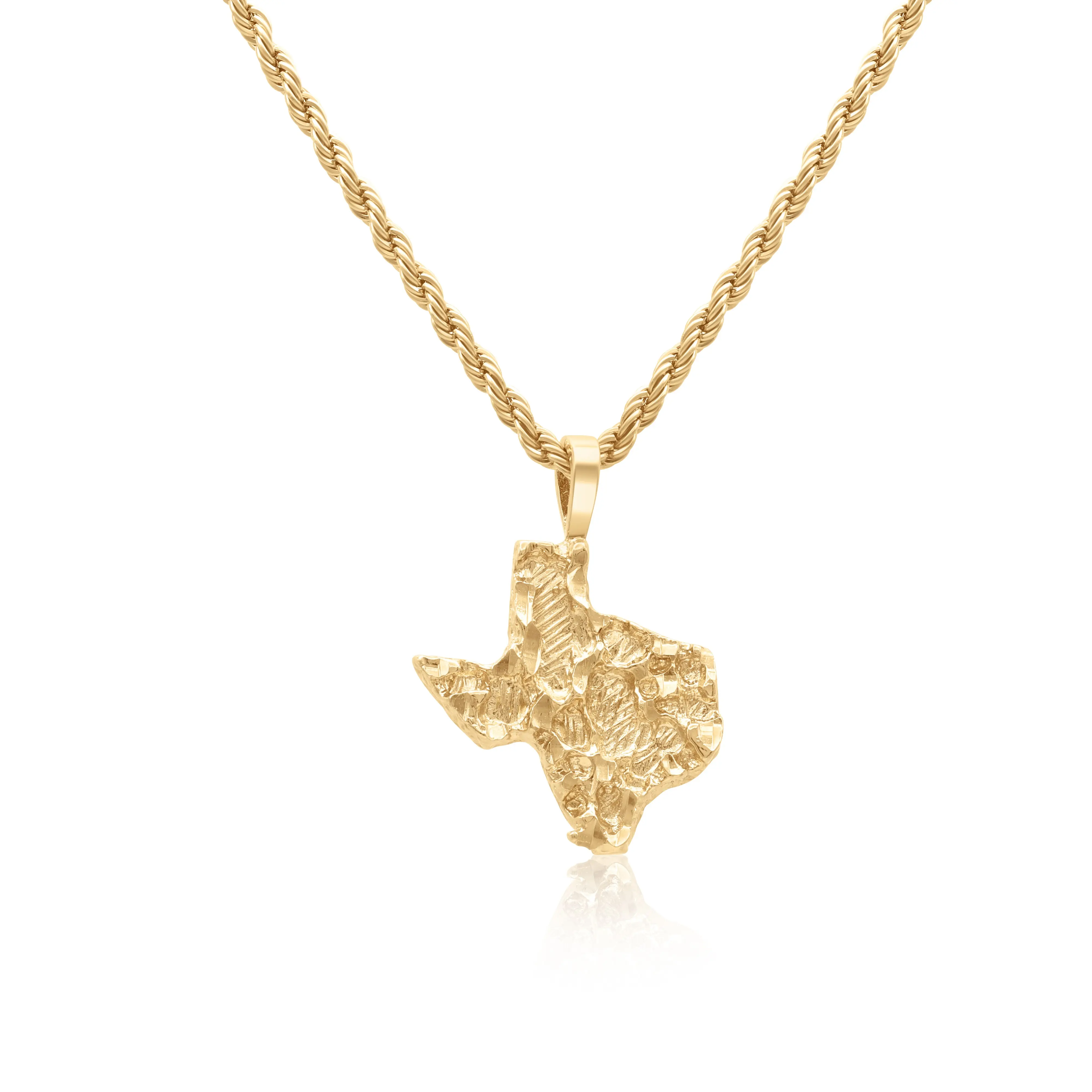 Gold Nugget Necklace Texas Pendant 2mm French Rope Chain 14k Gold Plated Unisex Jewelry