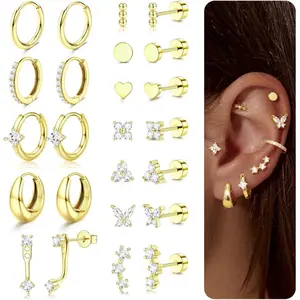 14K Gold Silver Stud Hoop Earrings for Women Men Hypoallergenic Surgical Steel Flat Back Earrings Stud Huggie Earring Sets for Multiple Piercing Conch Cartilage Earring Tragus Helix Piercing Jewellery
