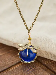 Vintage Bronze Color Hand Carved Dragonfly Pendant Necklace, Women's Ethnic Style Round Blue Synthetic Gemstone Jewelry