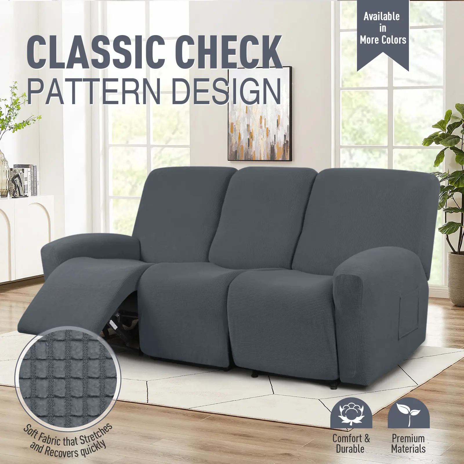 TAOCOCO 3-Seat Recliner Couch Cover 8 Pieces, Large Stretch Jacquard Sofa Slipcover 69-91", with Pockets