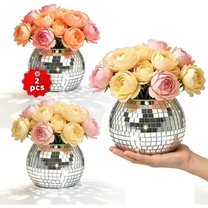 2 count Disco Ball Vases,6" X 6.7" Disco Ball Centerpieces Decor, Mirror Plastic Vase Disco Ball Planter for Wedding,Birthday,Office Table Decorations