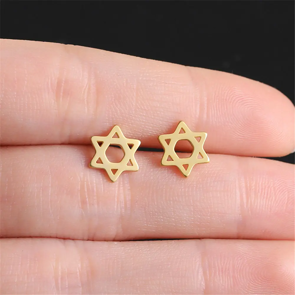 Cazador Star of David Hexagram Stud Earrings for Women Men Stainless Steel Gold Color Piercing Studs Jewish Judaism Jewelry New