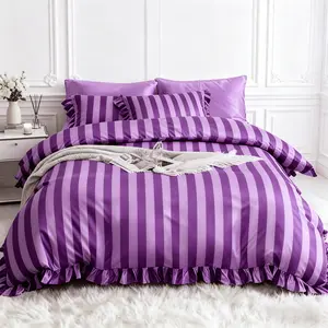 3-Piece Purple Striped Ruffled Design Duvet Cover Set, Includes 1 Duvet Cover and 2 Pillowcases (Without Insert), Soft and Comfortable, Modern Design, Ideal Gift, Decorative Duvet Cover