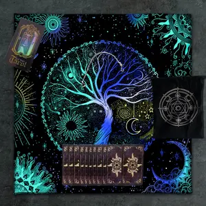 4PC Life Tree Decorated Tarot Card Reading Set - This set is for Tarot scholars and is part of the Tarot Astrology Kit. It includes 78 tarot cards, 1 polyester drawstring bag, 1 tablecloth, 1 pendant, and a party supplies set.