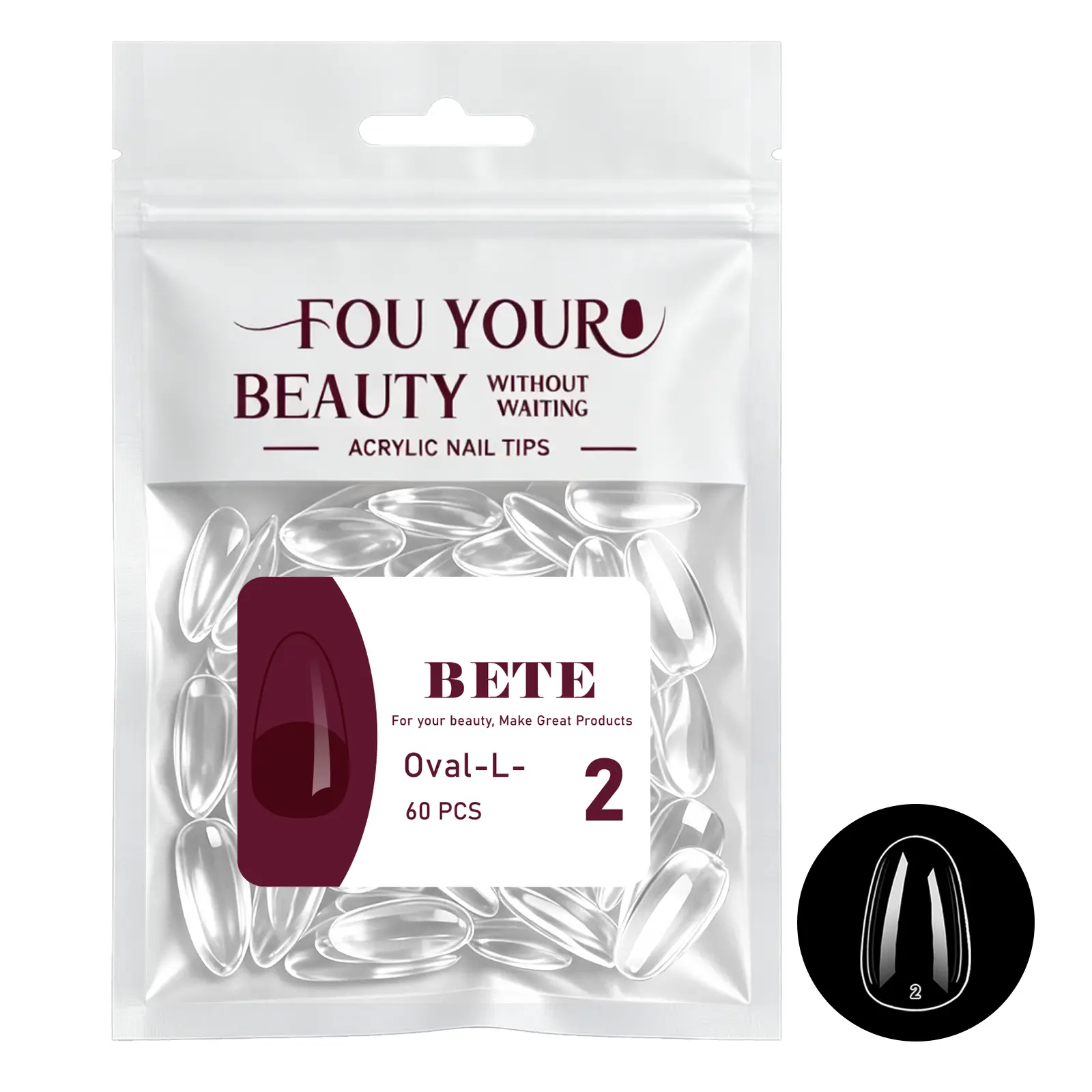 BETE  60/224PCS(L) Oval Nail Tips, Clear Acrylic Full Cover, Pre-Shaped Strong, Extra Thick Press on Nails for DIY Manicure at Home & Salon