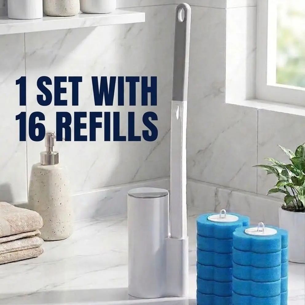 Disposable Toilet Brush and Holder Set with 16 Cleaner Pad Refills, Enhanced Hygiene, Efficient for Bathroom Cleaning Tasks