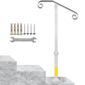 White Wrought Iron Single Post Handrail For Post Mount - Step Grab Rail Compatible With 1 Or 2 Steps, Staircase Railing, Indoor Outdoor Safety Hand Rail, Durable Construction, Easy Install