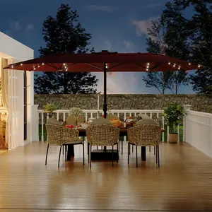 Extra-Large Double-Sided Patio Umbrella with Solar LED Lights & Base – 15FT Rectangular Outdoor Shade – Heavy Duty Waterproof Canopy, Easy Crank Handle – Ideal for Patio, Poolside, Garden, Backyard