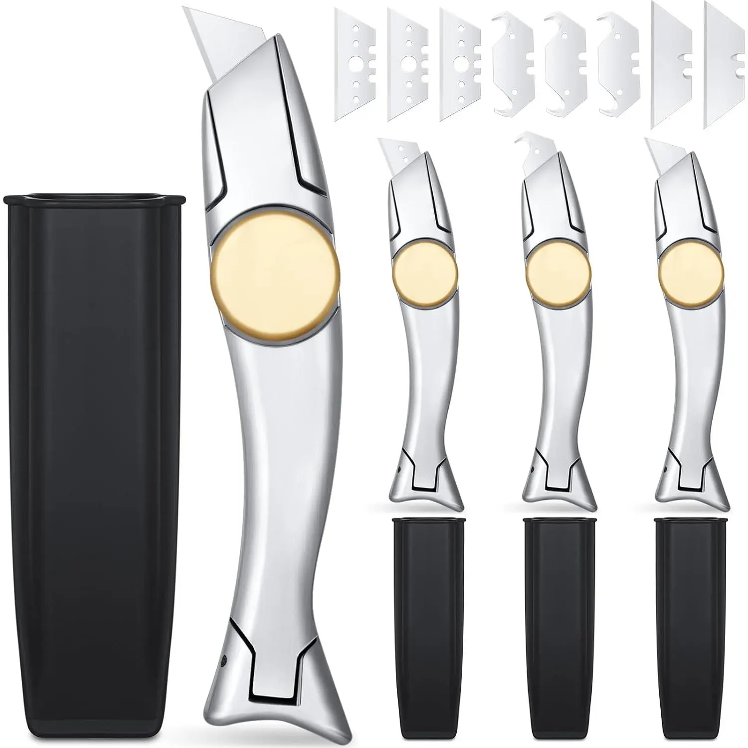 4 Sets Heavy Duty Roofing Shark Vinyl Knife with 12 Pcs Utility Knife Blades Replacement Roofing Tools Carpet Blade Cutter for Indoor Outdoor