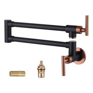 WOWOW Single-Hole Solid Brass Wall-Mount Stove Faucet - Black and Rose Gold Folding Pot Filler with Double-Joint Rotatable Arms for Kitchen Use