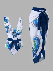 Women's Floral Print Swimsuit & Cover Up Skirt Set, Boho Fashion Casual Swimwear Set for Beach Holiday Vacation, Ladies Summer Clothes, Swim Cover Ups