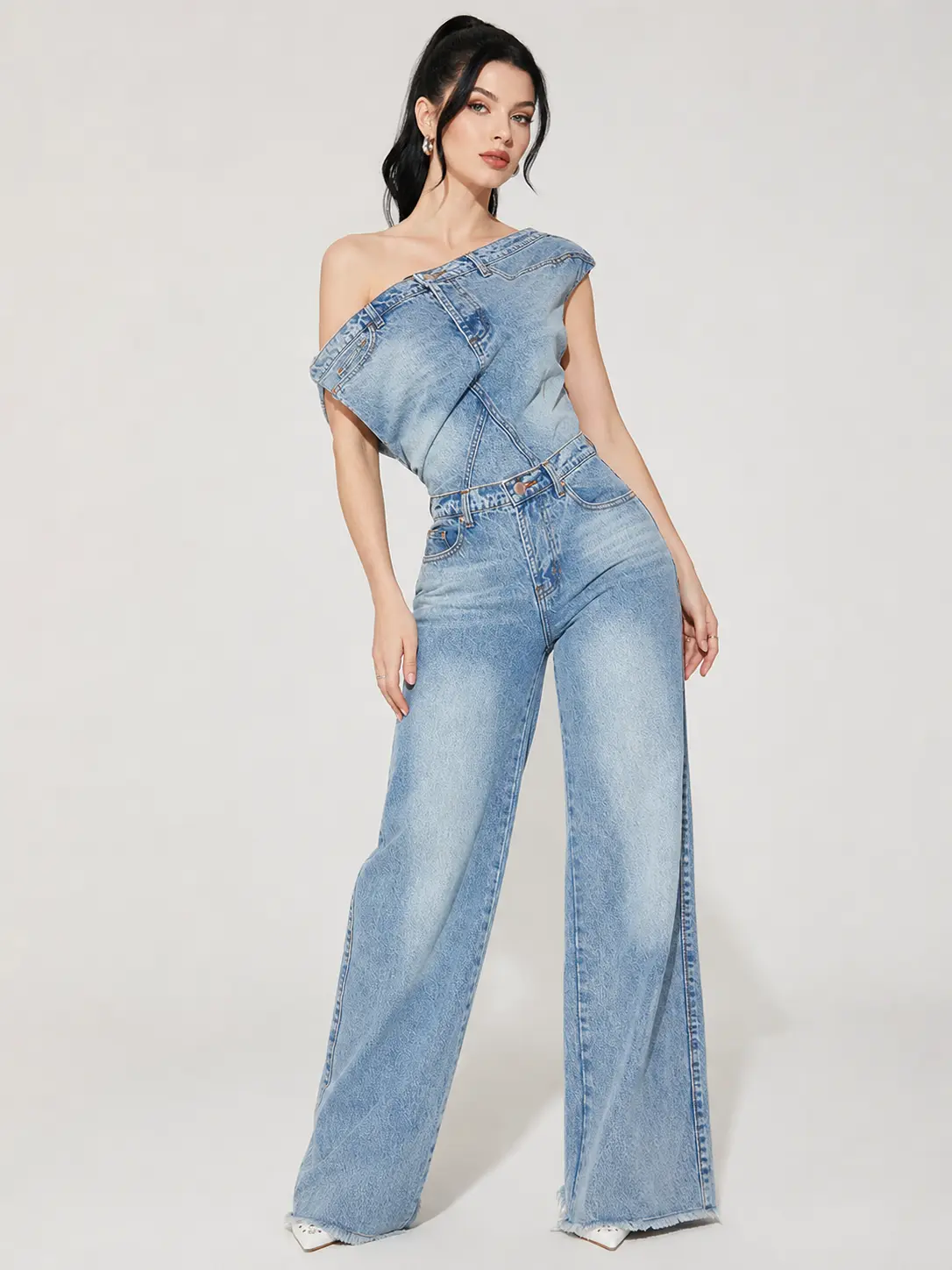 Dakota Long Sleeve Denim Jumpsuit - Button Up Collar Cargo Utility Romper, Trendy Streetwear One-Piece Outfit with Belt