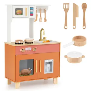 Orange Kids Play Kitchen with Realistic Faucet & Ice Dispenser, Anti-Tipping Pretend Cooking Set for Ages 3-6