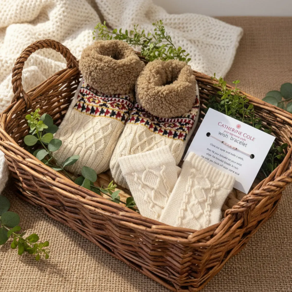 Nordic Slipper Socks Gift Set - Beige Non-Slip Hygge Care Package