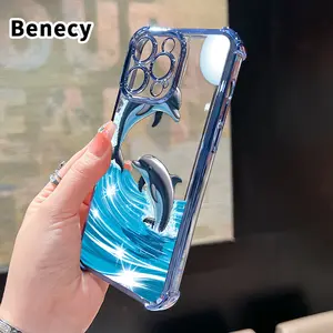 Electroplated Four Corner Anti-Fall Dolphin Wave Dance Pattern Phone Case for iPhone 16 Pro Max 15 Plus 14 13 12 11 E Shockproof Transparent Protective Cover