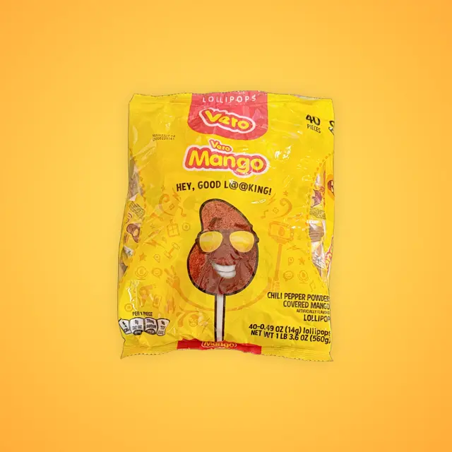 Vero Mango Lollipops Coated with Chili Powder, Hot and Sweet Candy Treat, Artificially Flavored, Net Wt. 1.39 Pound, 40 Count Bag Snack Bonbon