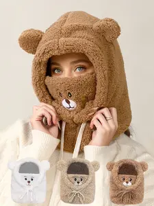 Women Men Winter Hat Cartoon Bear Fleece Funny Cap with Scarf Mask, Three-In-One Ear Warmer, Soft Dual Layer Design, Elastic Drawstring, Fall & Winter Outdoor Sports