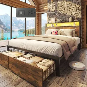 Queen Full Size Metal Platform Bed Frame With 2-Tier Storage Headboard, Under Bed Drawers And USB Charging Station, Remote LED Ambient Light Noise Free Bed Frame, No Box Spring Needed Easy Assembly Rustic Grey
