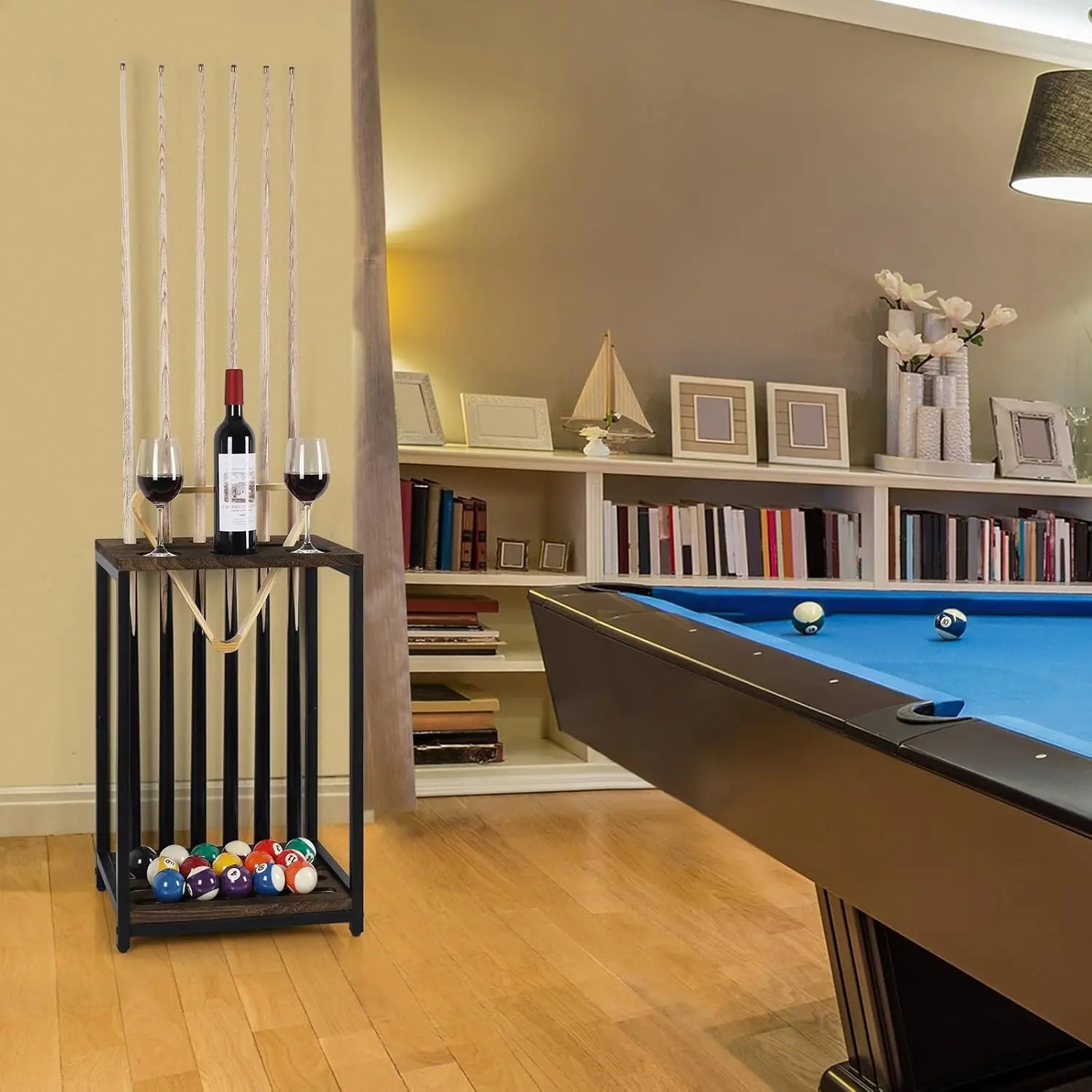 Pool Cue Rack Wood Billiard Stick Holder Pool Table Accessories for Billiard Room Game Room Club Holds 6 Cues, Floor Stand, Deep Brown