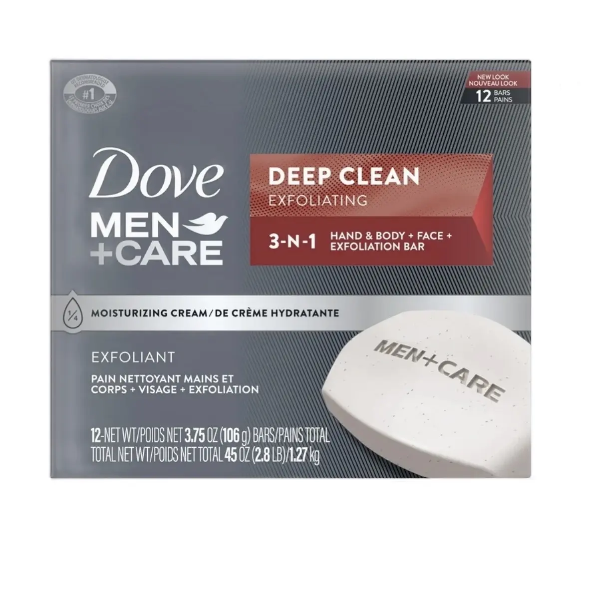 Dove Men+Care Deep Clean 3-in-1 Bath Bars, Gentle Exfoliating Body and Face Cleanser for Dry Skin, 3.75 oz, 12 Pack, Body Care, Bath Soap Bars