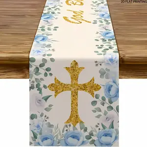 2D flat printing, 1-piece boy baptism table flag, God bless first communion baptism baby shower decoration, with blue rose and gold cross design, suitable for kitchen dining, home religious celebrations, floral pattern decoration, baptism decoration