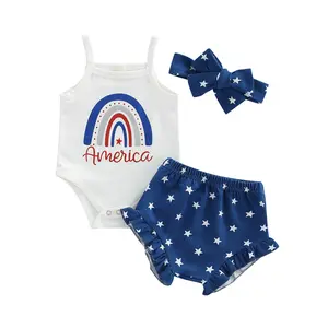 Infant Baby Girl 4th of July 3pcs Outfits Set America Rainbow Vest Romper Tops Stars Bloomer Shorts Set Independence Day Clothes