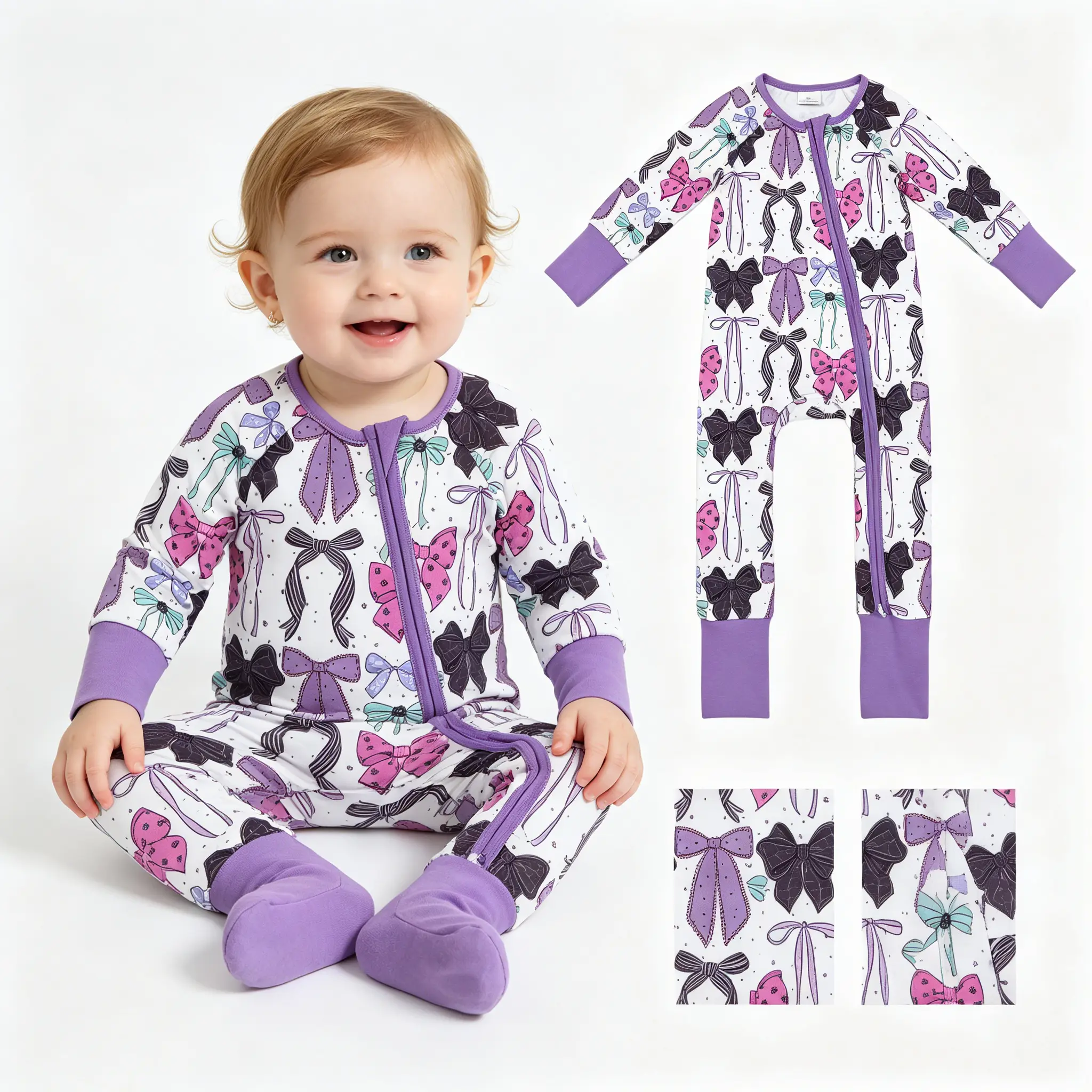 Unisex Baby 1-Piece Romper, Purple Bows Print Long Sleeve Footie Pajamas, Cotton Sleepwear with Zipper for Newborns, Baby Shower Gift, Baby Design Unisex Bodysuits & One-Pieces