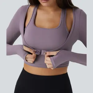 Halara Softlyzero Plush Halter Thumb Hole Long Sleeve Cropped 2-in-1 Yoga Sports Top-UPF50+